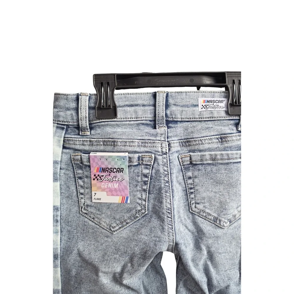 Justice x NASCAR Girls Flare Jeans Light Wash Checkered Side Bandana Size 7